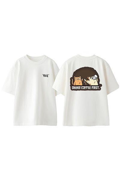 THEWERT Shhh Coffee First Design Πίσω Βαμβακερό εμπριμέ λευκό μπλουζάκι Oversize