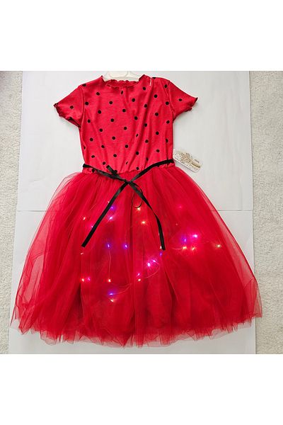 Beryka Ladybug Patterned Girl's Tutu Dress with Led Lights – Lined, Fun Model