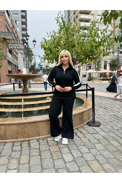 fly just Women's Large Size Collar Zipper Sleeve and Side Stripes Flexible Cotton Camisole Suit