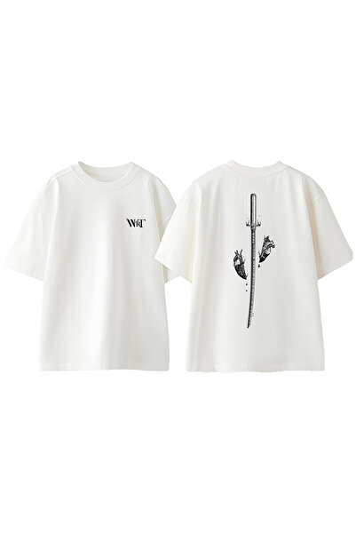 THEWERT Samurai Sword and Heart Design Back Printed Cotton White Oversize T-S...