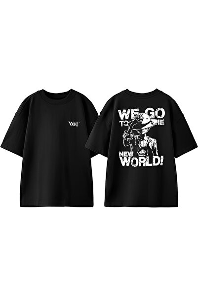 THEWERT Tricou oversize negru din bumbac imprimat pe spate One Piece New Worl...