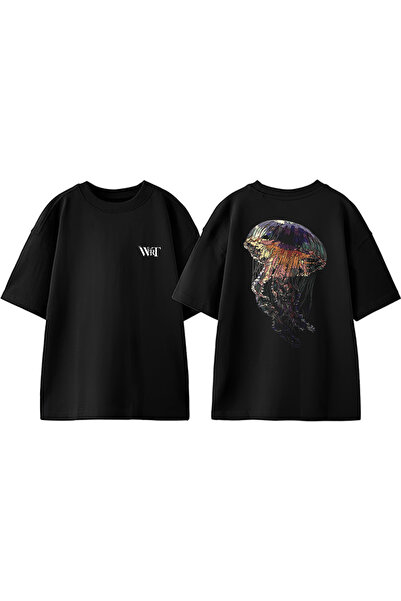 THEWERT Памучна черна тениска с цветен дизайн и щампа на гърба на медузи