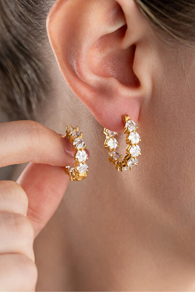 Silvano Jewelry 925 Ayar Gümüş Taşlı Halka Kalp Taşlı Küpe