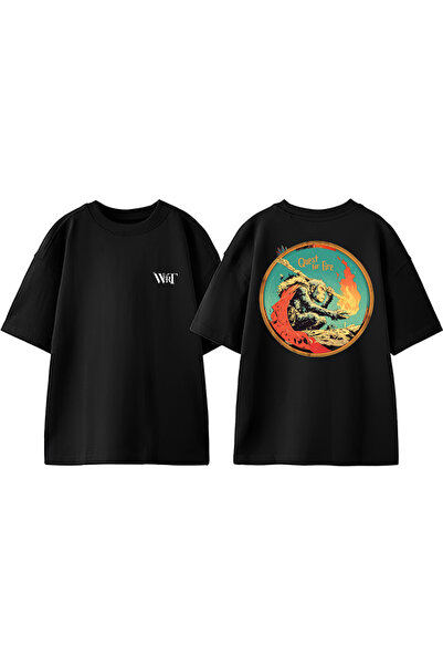 THEWERT Tricou oversize negru din bumbac cu imprimeu pe spate Quest For Fire ...