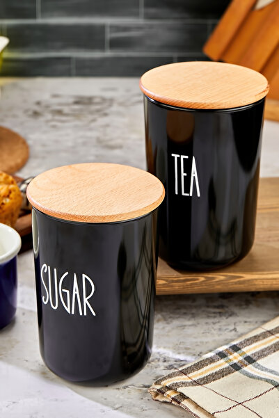 MODA OZY 2'li Ahşap Vakum Kapaklı Transfer Etiketli Tea/Sugar Akrilik (Plasti...