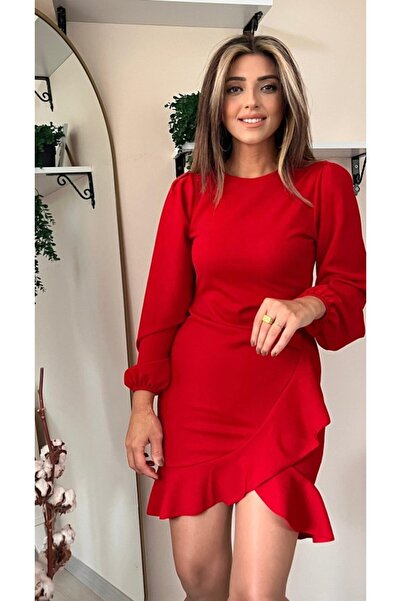 POLEXP Women's Long Sleeve Crew Neck Front Flounce Imported Crepe Dress