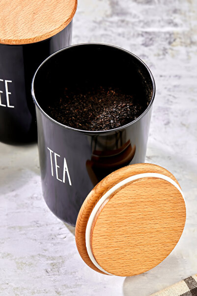 MODA OZY 2'li Ahşap Vakum Kapaklı Transfer Etiketli Tea/Coffe Akrilik (Plastik)Kavanoz 900ml