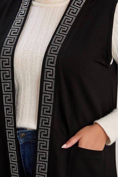 FOR ESRA BIG TREND Women's Large Size Labyrinth Stone Pattern Printed Viscose Knitted Vest with Pockets Front Open Side Slits
