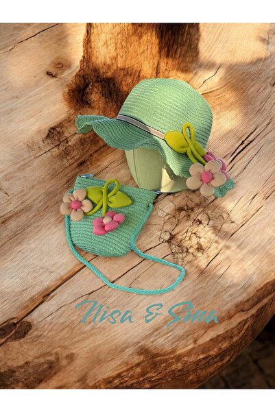 NİSASİNA طقم قبعة من القش وحقيبة صغيرة بتفاصيل زهور