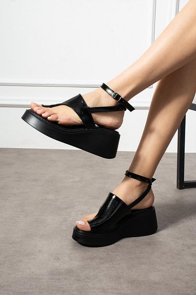 ShoeTek Lorinio Women's Sandals Flip Flops Ankle Wrap Wedge Sole Black Patent Leather
