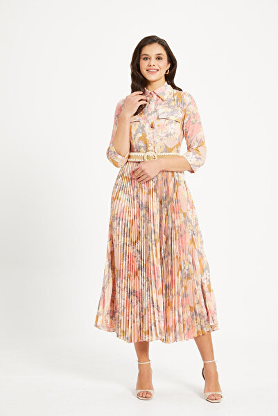 SERPİL Kadın Çiçek Desenli Pliseli Gömlek Elbise – Kemerli, 3/4 Kol, Astarlı