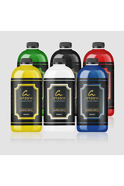 Artzone Akrilik Boya Seti - Ana Renkler 6 Renk x 500ml + Fırça Hediyeli