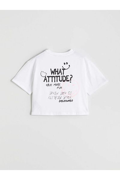 LC Waikiki LCW Kids Ecru Crew Neck SmileyWorld εμπριμέ για κορίτσια Crop T-shirt