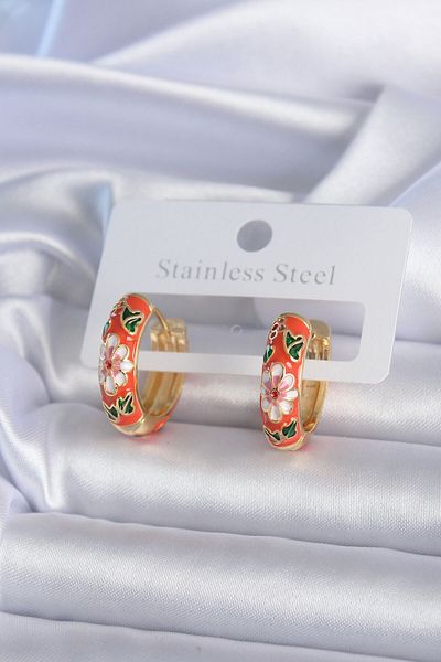 Skygo 316L Steel Gold Color Flower Embroidery Orange Women's Earrings - Tj-Bkp7891