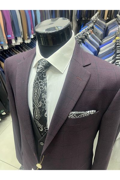 MASSARO Kombi̇Nli Slimfit Vest Suit (Jacket Plain or Checkered. Pant Vest Plain)