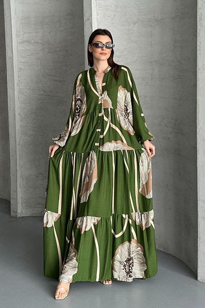 AYASOFYA OTANTIK Women's Green Button Closure Placket Collar Patterned Oversize Loose Dress