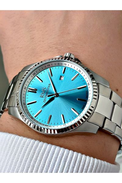 Romanson With Calendar Silver-Turquoise Color Steel Band Steel Case Men's Wristwatch with 24 Months Warranty 1623.06