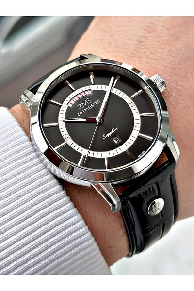 Romanson Special Design Black Color Sapphire Glass Leather Band Steel Case Men's Wristwatch 1632.03