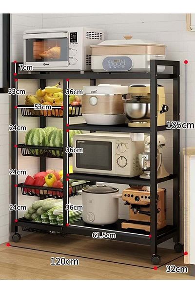 Taimi 4-Tier Movable Storage Rack Steel Kitchen Storage Shelf Unit with Wheels Black - 135x32x120cm