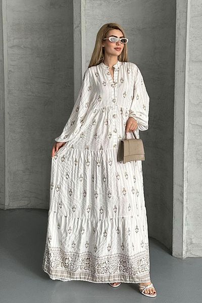 AYASOFYA OTANTIK Rochie largi cu model, cu închidere cu nasturi, albă, pentru femei