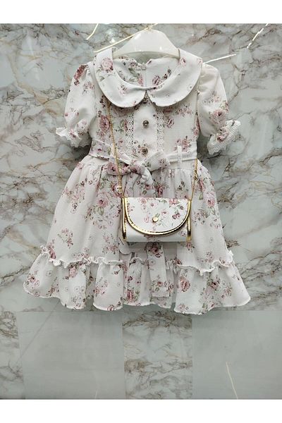 XORVİO Girl's Pink Flower Pattern Belted Buttoned Dress Short Sleeve Enese Zipper Doll Collar Chiffon Dress