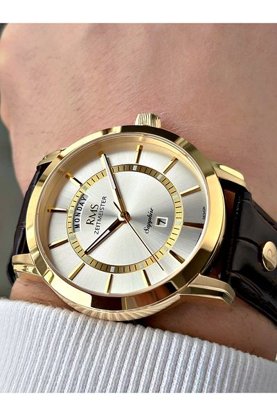 Romanson Special Design Brown-Gold Color Sapphire Glass Leather Band Steel Case Men's Wristwatch 1632.07