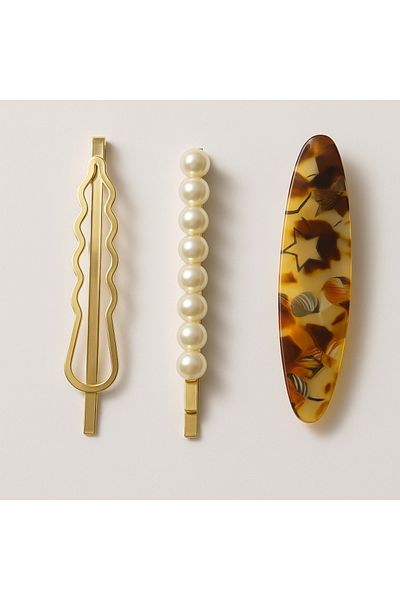 Srctech Pearl Stone 3-Piece Buckle Set Gold Color Snap Hair Clip