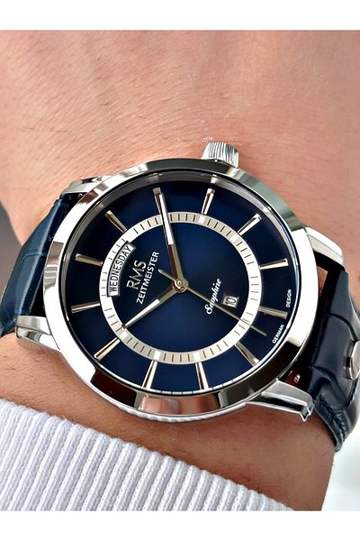 Romanson Special Design Navy Blue Color Sapphire Glass Leather Band Steel Case Men's Wrist Watch 1632.04