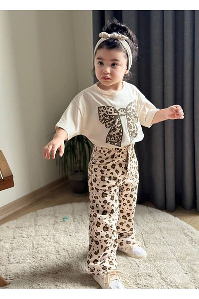 ARBİ kids Girl's Leopard Gabardine Pants, Double Stylish Festive Suit