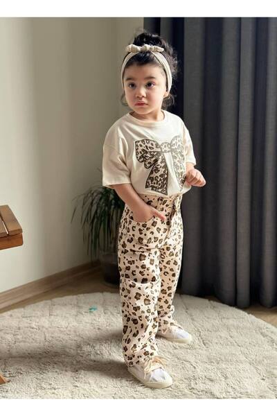 ARBİ kids Girl's Leopard Gabardine Pants, Double Stylish Festive Suit