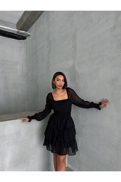 BEJNA Schwarzes Chiffonkleid mit elastischem Rock und Lagenfutter für Damen