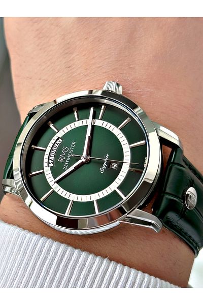 Romanson Special Design Green Color Sapphire Glass Leather Band Steel Case Men's Wristwatch 1632.05