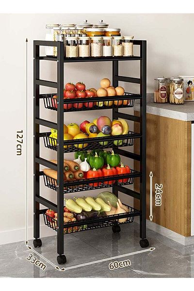 Taimi 5-Tier Storage Rack with Wheels for Easy Transport and Removable Baskets - (Black-5) 127x33x60cm