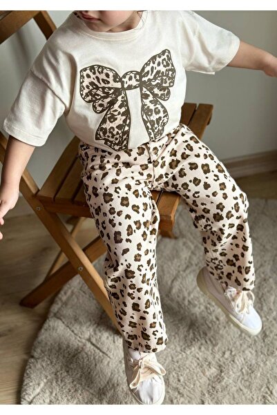 ARBİ kids Girl's Leopard Gabardine Pants, Double Stylish Festive Suit