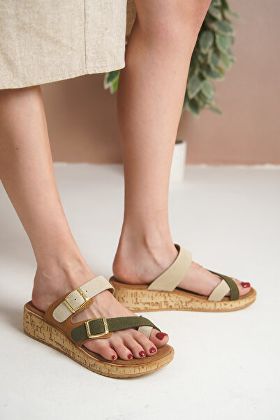 Taran Aisha Women's Gold Double Buckle Detailed Daily Suede Slippers