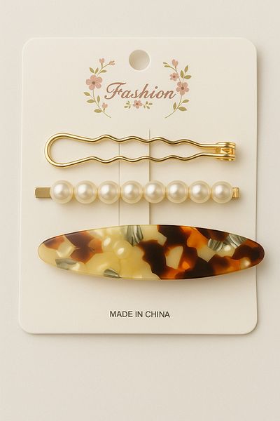 Srctech Pearl Stone 3-Piece Buckle Set Gold Color Snap Hair Clip