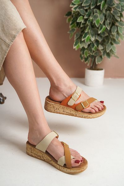Taran Aisha Women's Gold Double Buckle Detailed Daily Suede Slippers