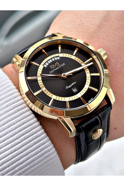 Romanson Special Design Black-Gold Color Sapphire Glass Leather Band Steel Case Men's Wristwatch 1632.08