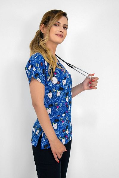 Nur Medikal Giyim Tricou cu imprimeu digital cu model de dinți bleumarin