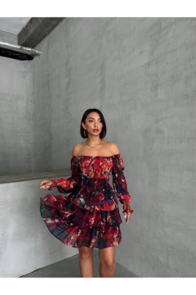 BEJNA Dámské bordó vzorované čtvercové sukně s límcem z vrstveného šifonu