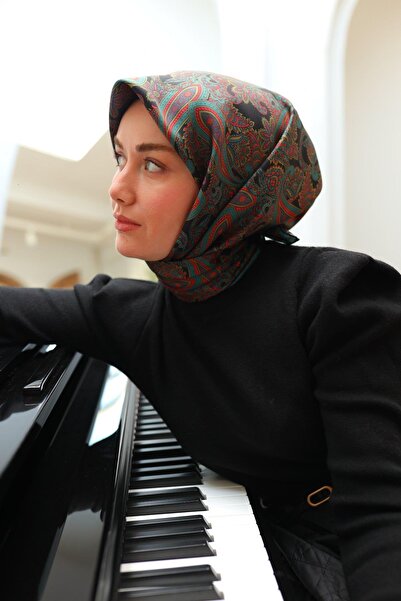 Silk Home Μαύρο πράσινο έθνικ σχέδιο από καθαρό μεταξωτό υφαντό κασκόλ-11455-...