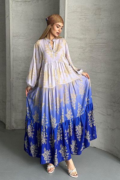 AYASOFYA OTANTIK Γυναικείο φόρεμα με μπλε κουμπιά με πατιλέτα με έθνικ σχέδιο με μπαλόνι μακρύ φόρεμα