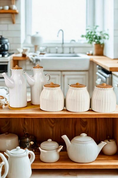 Woodcept 6-Piece Porcelain Daisy Model Vacuum Lid Storage Jar Set, Set of 2 Oil Pots with Bamboo Stand