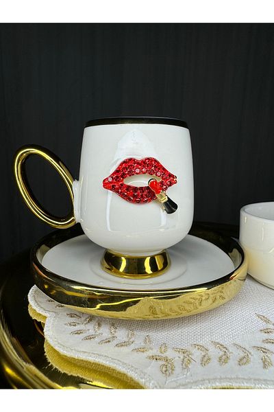 EŞİYOK Crystal Stone Special Design Lip and Lipstick Decorated Gold Detailed Coffee Cup and Presentation Bowl/Turkish Delight Bowl
