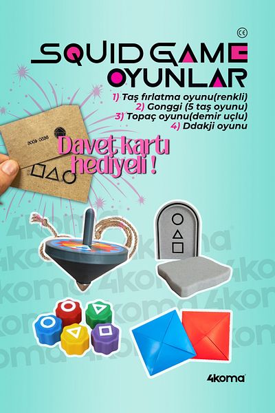 4koma Squid Game Playset Games 4-Piece Playset Spinning Top with Metal Tips/Gonggi/Ddakji/Stone Toss