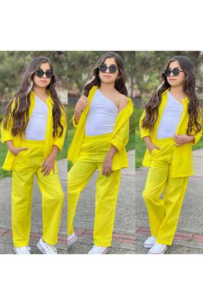 zeynoshkids Kız Çocuk Bayramlık Keten Kumaş Gömlek-Pantolon-Tek Omuz Badi 3'l...