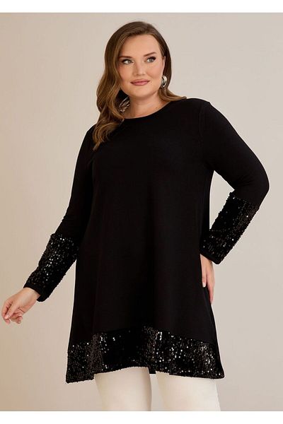 FOR ESRA BIG TREND Women's Plus Size Sleeves and Hem Sequin Embroidery Stretchy Long Sleeve Viscose Tunic