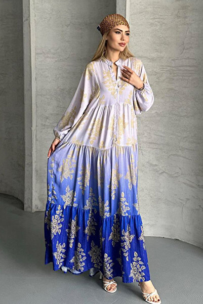 AYASOFYA OTANTIK Rochie lungă largi, cu mâneci cu balon, cu model etnic, cu închidere cu nasturi, albastru Saks