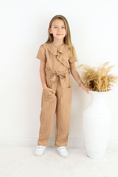 FESSHERA 💜   Girl's Double Breasted Collar Ruffle Detailed Striped Jumpsuit – Suitable for Casual and Special Occasion Wear 💜