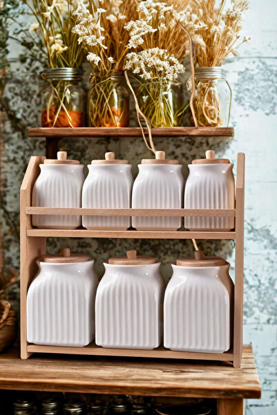 Woodcept 7-Piece Porcelain Tea, Sugar, Salt, Coffee and Spice Jar Storage Set with Wooden Stand